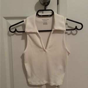 American Eagle White Ribbed Collared Crop Top